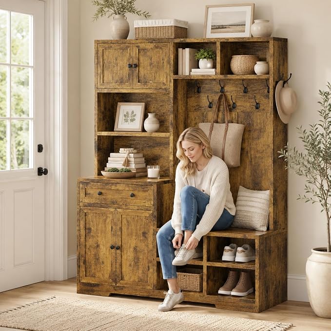 Einhomn 5-in-1 Hall Tree with Bench and Shoe Storage, 51" W Entryway Organizer Coat Rack with 9 Hooks, 4 Storage Cabinets, Drawer, Open Cubbies for Mudroom, Hallway, Living Room, Rustic Brown