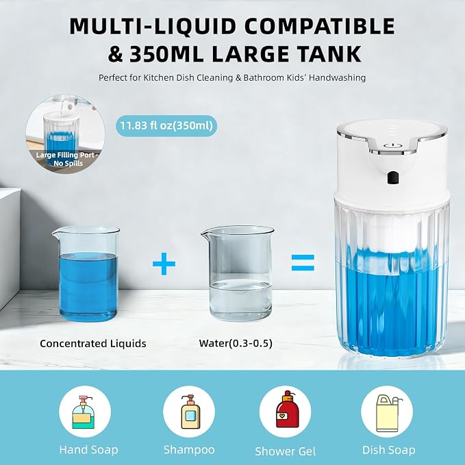 Automatic Liquid Soap Dispenser Touchless, 12oz Rechargeable Soap Dispenser with 4 Adjustable Levels, Auto Hand Soap Dispenser for Kitchen, Bathroom Countertop, Wall Mounted, IPX5 Waterproof