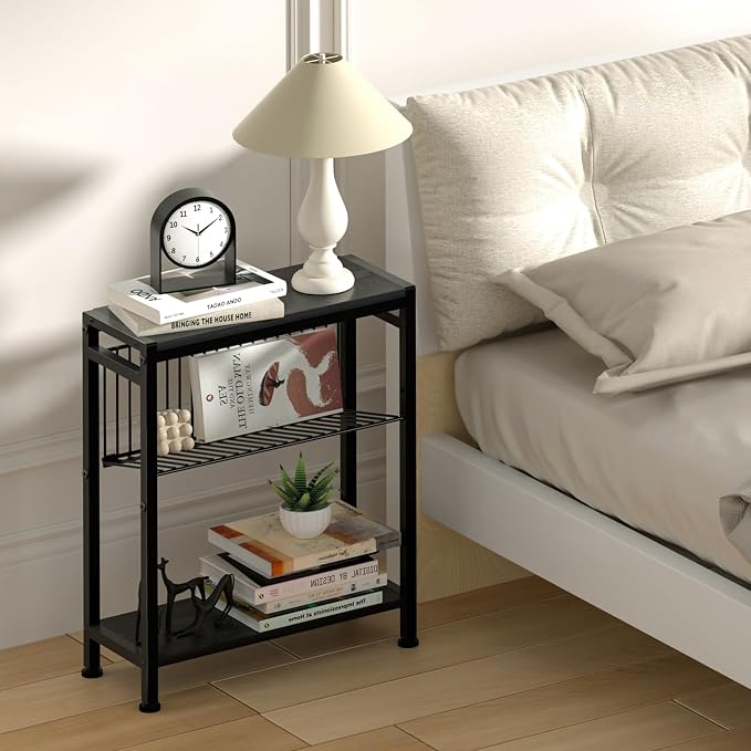 Side Table for Small Spaces, Narrow End Table with Adjustable V-Shaped Magazine Rack, 7.1"D x 17"W x 21.7"H, Black