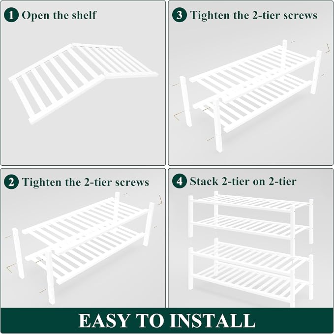 Smiry Bamboo Shoe Rack for Closet, 4 Tier Wooden Shoe Organizer, Stackable Wood Shoe Storage Shelf for Entryway, 14 Vertical Slats, 2+2 Stack Heavy-Duty Legs, 26.77"x11.02"x25.98", White