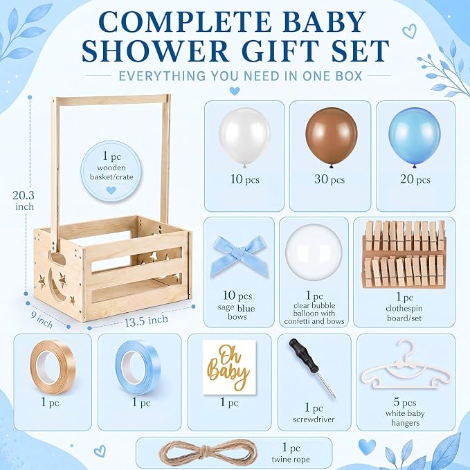 Wooden Baby Shower Crate Closet with Hanger Rack, Blue and Brown Bow Baby Gifts Basket with Balloon Accessories, DIY Babies Welcome Box for Pregnancy New Parent