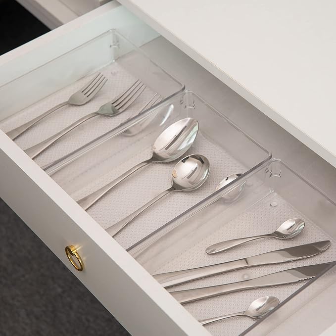 ihomecooker 3 Set Clear Plastic Junk Drawer Organizer Vanity Curlery Utensil Makeups Organizer for Kitchen 6" X9''
