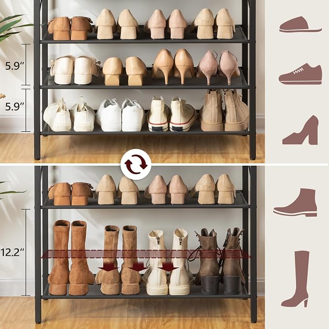 MAHANCRIS 12 Tier Shoe Rack, Shoe Storage Organizer, Holds 44-48 Pairs | Tall Metal Shoe Rack Space Saving, Sturdy and Stable, Vertical Shoe Rack for Entryway, Hallway, Dorm Room, Rustic Brown