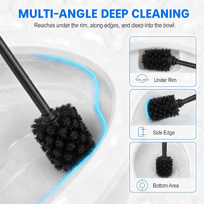 Black Toilet Brush and Holder Set，Extra Long Handled Toilet Bowl Brush and Holder，Stainless Steel Heavy Duty Toilet Brush for Bathroom,Deep Cleaning Modern Toilet Cleaner Slip Base