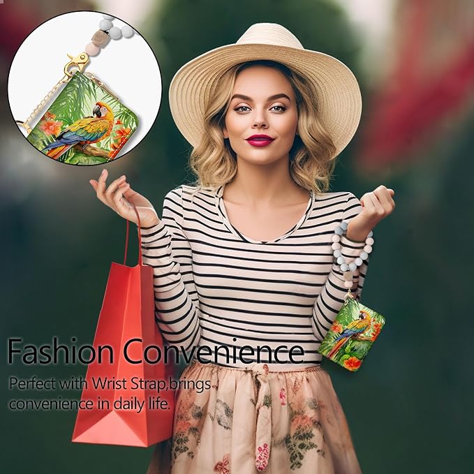 Blusabaca RFID Credit Card Holder Small Women Travel Wallet, Parrot Bird | Removable Keychain, Case with Zipper, Vegan PU Leather, Cash Coin Pocket, Business Accordion Purse, Ladies Female Gift