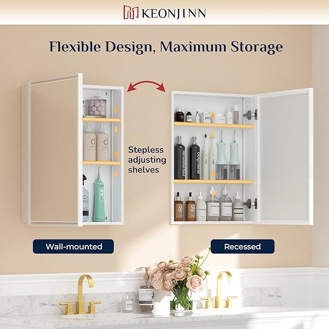 Keonjinn 20" x 26" White Medicine Cabinets for Bathroom with Mirror, Recessed or Surface Wall-Mounted Aluminum Alloy Framed Beveled Mirror, Single Door Farmhouse Bathroom Mirror with Storage Cabinet