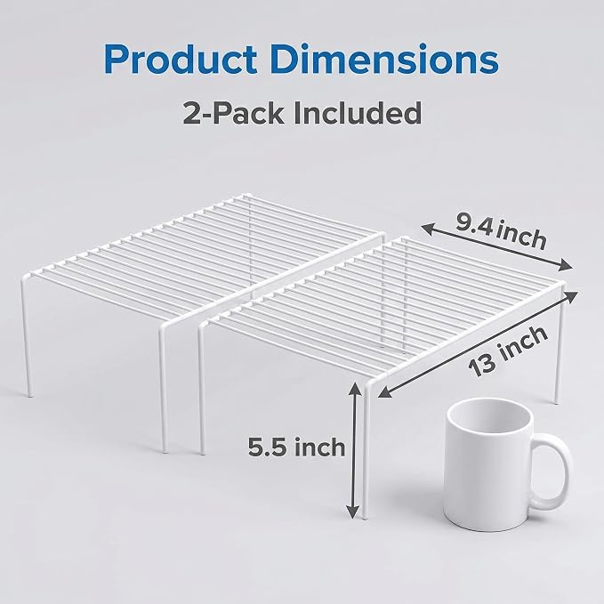 iPEGTOP Set of 2 Kitchen Cabinet Shelf Organizer, Medium (13 x 9.4 Inch) Bathroom Cabinet Organization Wire Shelf Rack, Rustproof Storage Space Saver Shelves for Countertops Pantries Utensils -White