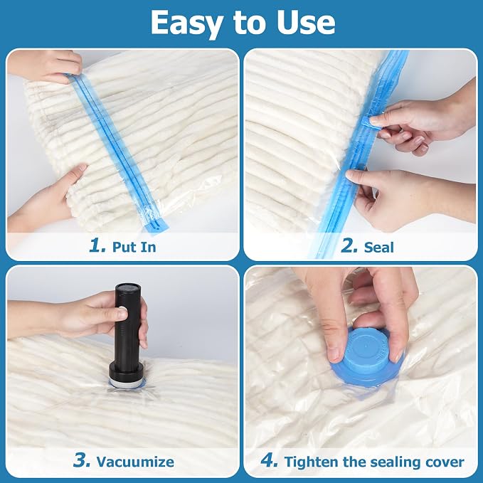 15 Vacuum Seal Bags for Clothing Travel with Rechargeable Air Pump | 4 Size Space Saver Vacuum Storage Bags, 1500mAh Type-C Pump, 6000Pa Saves 80% Space, PA+PE Tearproof Zipper For Luggage
