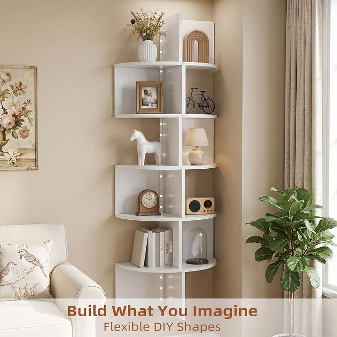 HAAYOT Corner Shelf Wall Mounted: 5-Tier Floating Shelves with Lights for Living Room, Bedroom, Home Office, Cloud White