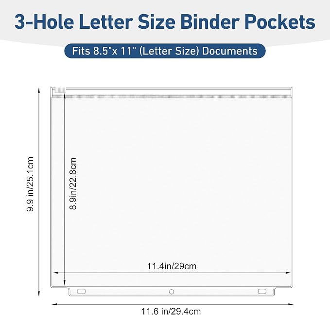 Antner 48 Pack Letter Size Binder Pockets for 3-Ring Binder Zipper Pouch Waterproof PVC Document Organizer 3-Hole Loose Leaf Folders File Sleeves Storage Bags Side Loading for Business Office Supplies