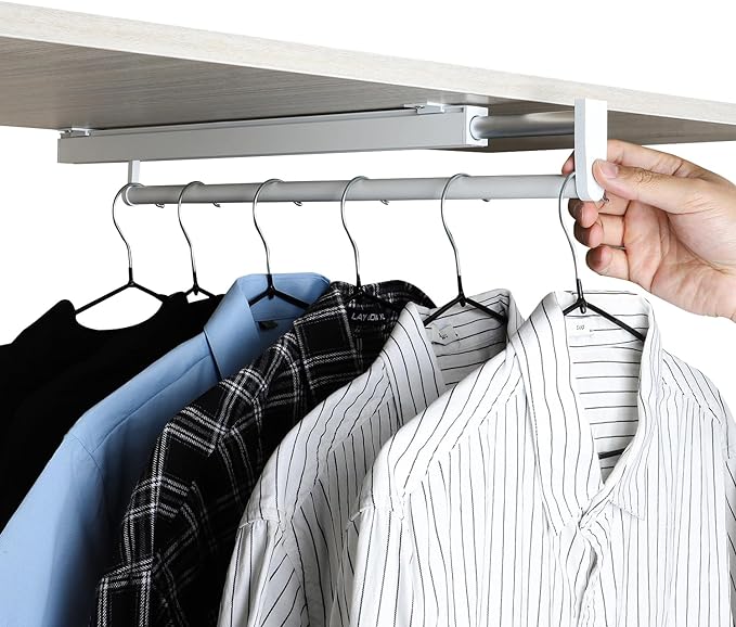 BaiNong pull out closet rod pull out pants rack for closet white 9-1/2 inch pull out rack clothes pull out valet rod closet telescopic trouser rack shallow cabinet organize pants and clothes