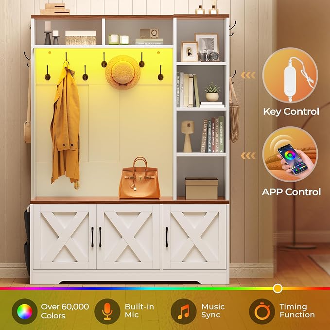 Itaar Hall Tree with Bench and Shoe Storage, Farmhouse Entryway Bench with Coat Rack, Shoe Cabinet with Adjustable Shelves, 6 Storage Cubbies, 10 Coat Hooks, Storage Bag, Led Lights, White
