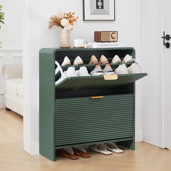 RARZOE Fluted Shoe Cabinet Storage for Entryway, 29.5'' Green | Curved Shoes Storage Cabinet with 2 Flip Drawers, Narrow Hidden Shoe Organizer Shoe Rack For Bedroom, Foyer, Hallway