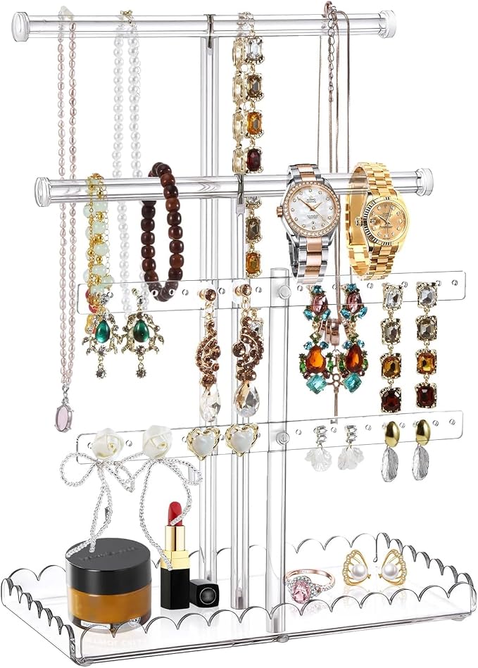 Acrylic Jewelry Stand with Scalloped Tray, 14" 4-Tier Tall Tangle-Free Necklace Holder Bracelet Hanging Jewelry Organizer for Bangles Earrings Watch, Tower Tray Storage for Gift Ring Perfume