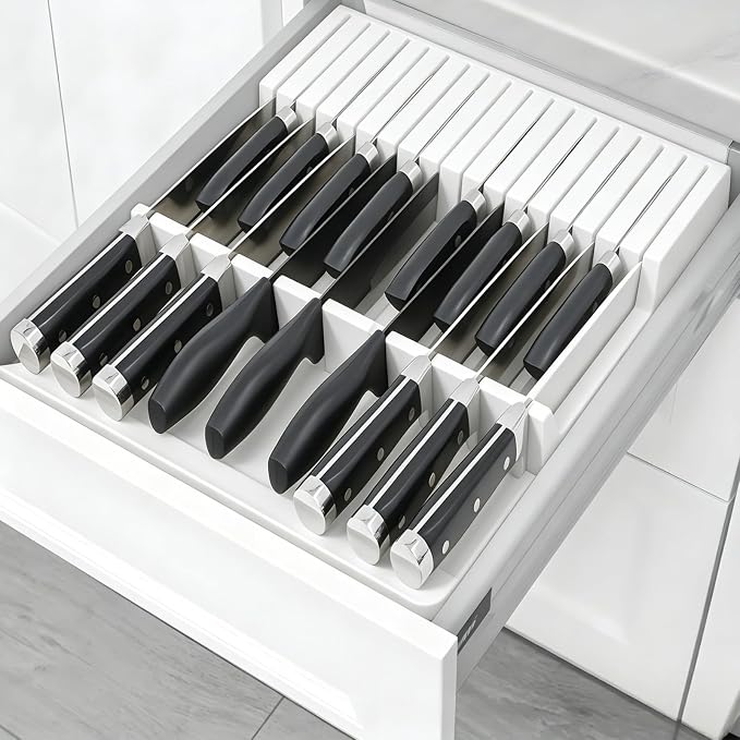 In-Drawer White Knife Block, 17-Slot Anti-Slip Space-Saving Storage | Fits Most Standard Drawers | Holds Up to 17 Knives| Smooth White Painted Frame | Secure Stable Knife Drawer Insert Organizer