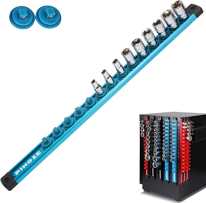 PINOZE 1/4" Magnetic Socket Holder Organizer - Aluminum Alloy Socket Rail Tray for Tool Box Drawer, Socket Rack with Extra 2Pcs Replacement Clips for Automotive Garage(Blue)
