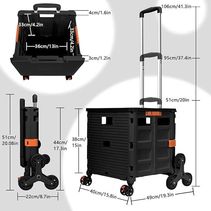 Foldable Utility Cart Collapsible Portable Crate Rolling Carts with Stair Climbing Wheels Tote Basket with Magnetic Lid Telescopic Cover Wear-Resistant 360°Rotate Wheel Noiseless for Shopping Office