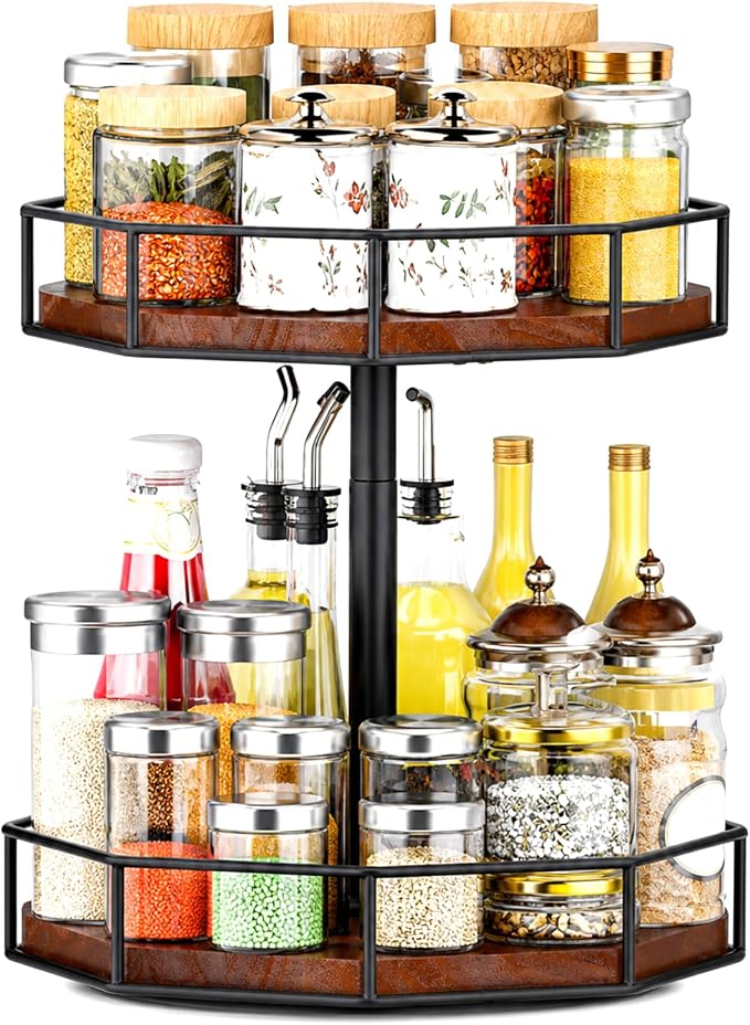 Sliner 12" Lazy Susan Organizer 2 Tier Adjustable Octagonal Spice Turntable Organizer Wooden Industrial Turntable Rotating Spice Rack for Cabinet Kitchen Countertop Pantry Bathroom