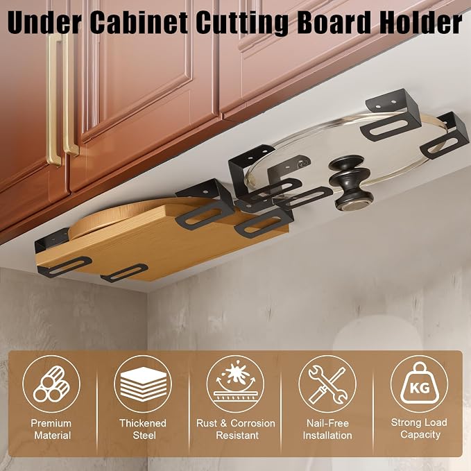 Under Cabinet Cutting Board Holder - 8 Pcs Stainless Steel Cutting Board & Pot Lid Rack Storage, Under Shelf Counter Chopping Board Organizer (Grey)