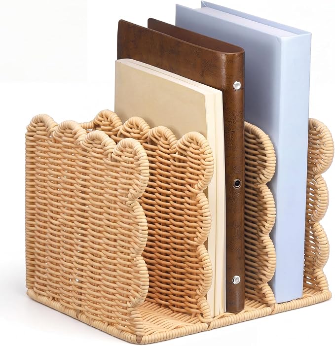 Suzile Scalloped Woven Magazine File Holder, 3-Compartment Imitation Rattan Desk Organizer Vertical Bookends Organization for Office, Binders, Documents, Tablets, Books(8.46 x 7.28 x 6.5 Inches)