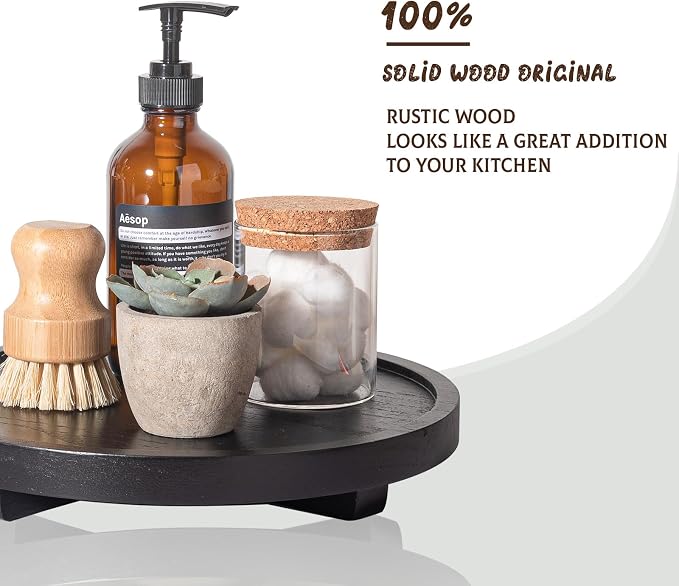 Round Decorative Tray Wood Bathroom Counter Organizer Farmhouse Kitchen Decor Wooden Riser for Soap Dish, Perfume, Candle, Sponge, 10" - Black | Waterproof, Lightweight, Easy Clean, Wood Riser Pedestal Stand Accessories for Office Desk, Vanity, Counter...