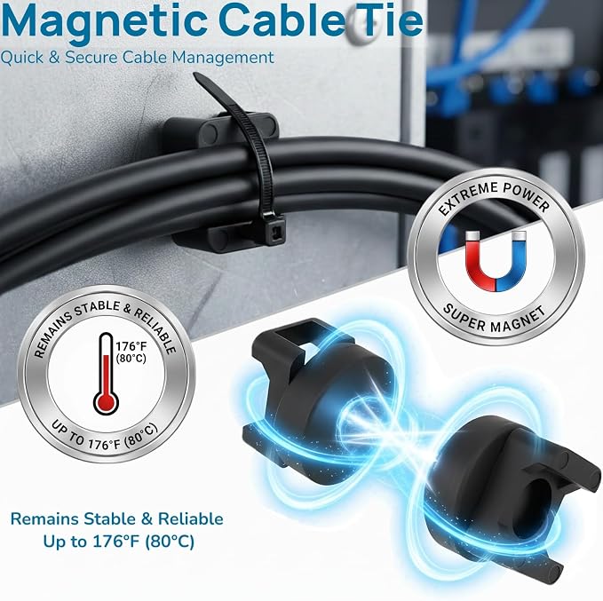 225-Pc Magnetic Cable Ties Set,Magnetic Zip Tie Mounts & Cable Ties | Magnetic Wire Holder, 25 Magnetic Cable Holders & 200 Zip Ties, Magnet Cable Tie Mounts for Cables, Wires, Cords, Hoses-22 mm