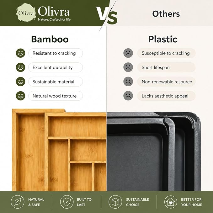 Bamboo Expandable Drawer Organizer for Utensils Holder, Adjustable Cutlery Tray, Wood Drawer Dividers Organizer for Silverware, Knives in Kitchen, Bedroom, Closet, Office, Tools