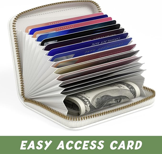 Aiawoxc Credit Card Holder for Women, Small RFID Wallet Slim Leather Business Card Organizer Case with Zipper and Keychain, White
