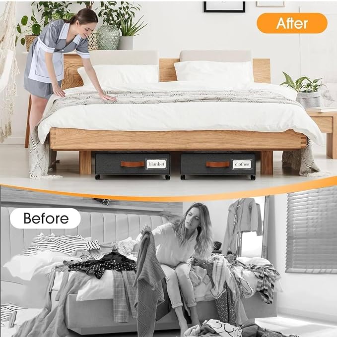 Under Bed Storage with Wheels 2 Pack, Rolling Under-Bed Metal Drawer, Low-Profile Organizer Bin for Clothes, Shoes & Blankets