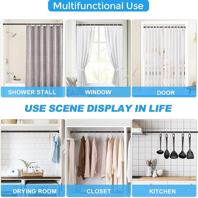 Adjustable Tension Curtain Rod 30 to 64 inches, Spring Curtain Rod for Windows Tension Rod No Drill, Spring Tension Curtain Rod for Window, Bathroom, Doorway, Black