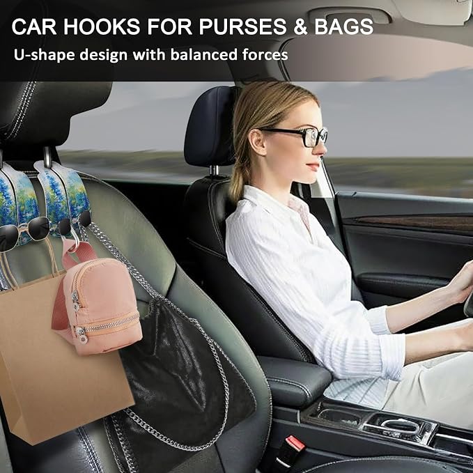 Blusabaca 2PCS Car Seat Headrest Hooks, Purses Bags Holder, Floral Blue | PU Leather, Double Metal Back Storage Hangers for Grocery Bags Handbags Bottles Coats Phones, Car Accessories Organization