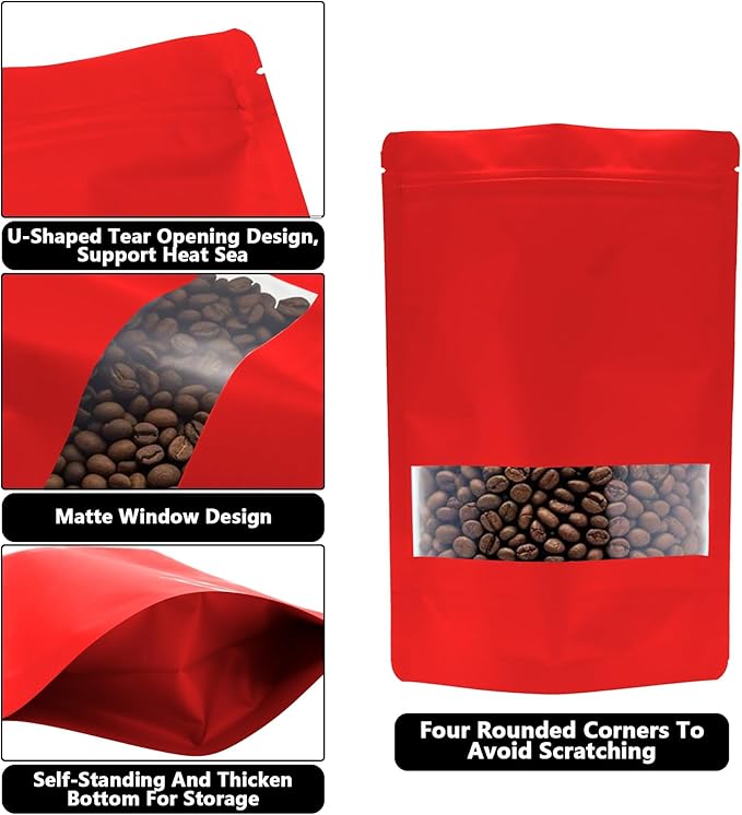 100PCS Foil Pouch Mylar Bags with Clear Window,ULIFESTAR Stand Up Sealable Bags with Tear Notches,Resealable for Food,Party Favors,Gift Packaging and Small Business(10 * 15cm/3.94 * 5.91",Red)