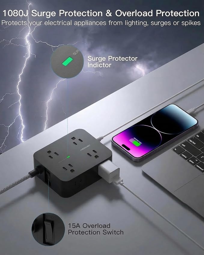 HANYCONY Extension Cord 20 Ft, Power Strip Surge Protector with 8 Outlets 4 USB Ports(2 USB C), Long Cord, Flat Plug, Wall Mount, Desk USB Charging Station for Home Office Essentials