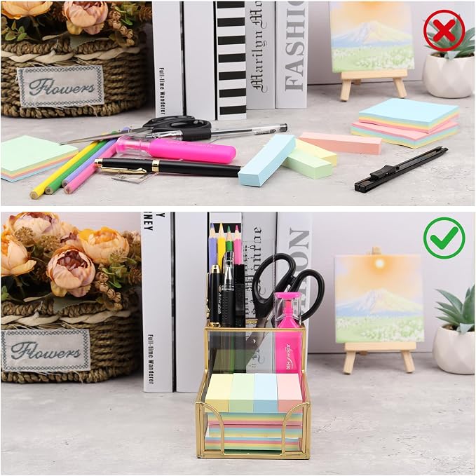Sticky Note Holder,Glass Post It Note Dispenser with Pen Slot,Gold 3 x 3 Inch Post It Note Holder for Desk,Stylish Sticky Note Dispenser for Home Office Desk
