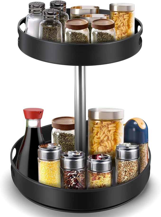 Lazy Susan Turntable Spice Rack, 2 Tier Adjustable Height Rotating Spice Organization, Revolving Seasoning Organizer 12 Inch for Kitchen Countertop Pantry Dining Table Coffee Storage(Black)