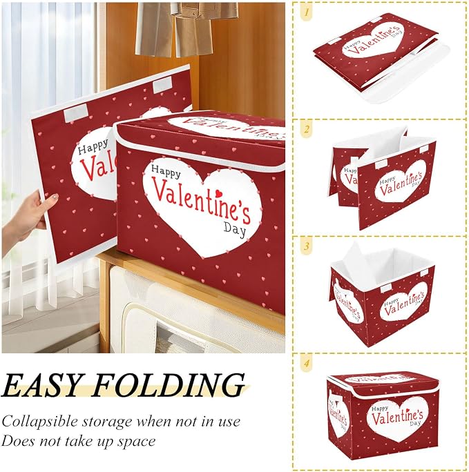 CaTaKu Large Fabric Storage Bins With Lids,Valentine's Day Hearts Storage Boxes With Handles for Organizing Clothes, Collapsible Storage Cube Bins Baskets for Shelves
