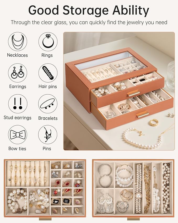 AKOZLIN Jewelry Box with Clear Lid Functional Leather Jewelry Storage Organizer Case 2 Drawers for Women Girls Necklace Ring Bracelet Earring
