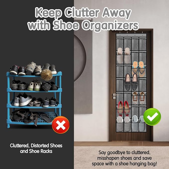 Kotkn 28 Compartment Over the Door Shoe Organizer, Breathable Mesh Large Shoe Rack for Closet Storage, Space Saving Hanging Shoe Holder with Reinforced Hooks (Fits Men & Women,Gray-01)