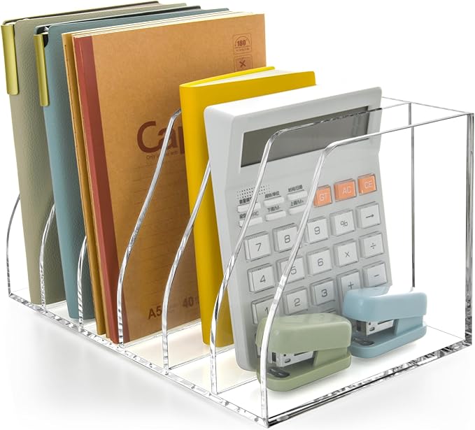 Acrylic Magazine File Holder, 6 Vertical Compartments Desk Document Sorter Organizer, Clear Folder Rack Binder for Office, Documents, Tablets, Magazines, Books – Home/Classroom Rack