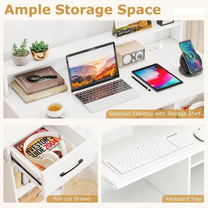 Tangkula White Desk with Drawer & Keyboard Tray, Home Office Desk with Built-in Charge Station & Adjustable Shelf, Study Writing Table with Hutch, Modern Computer PC Workstation