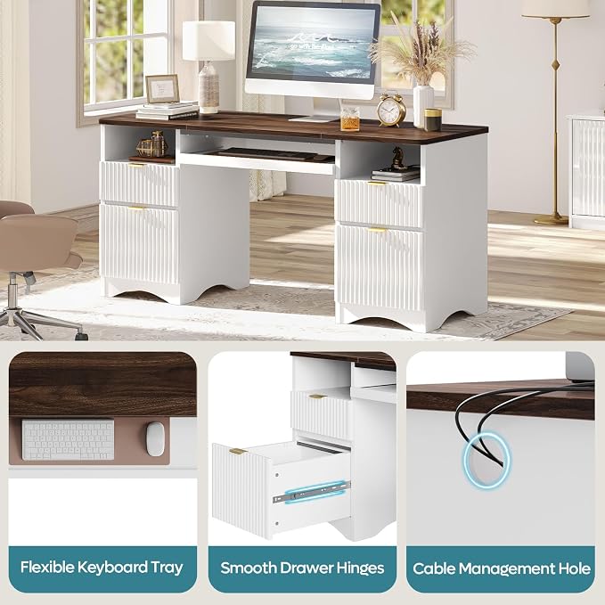 Bestier Computer Desk with Keyboard Tray, 59 inch Office Desk with 4 Drawers, Modern Home Office Desk with File Drawer (Walnut with White, 59" W with Double-Sided Drawers)