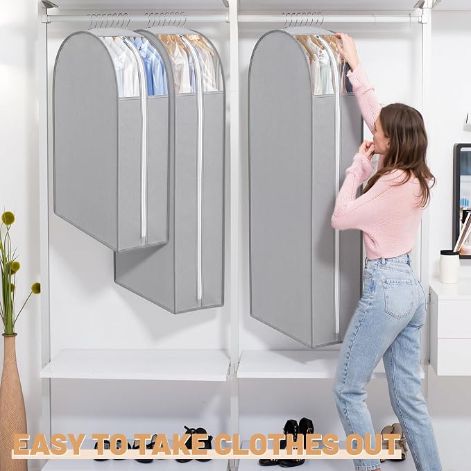 6 Pack Garment Bags for Hanging Clothes, 40"/50"/60" Suit Bags for Open Closet, 10" Gusseted Waterproof Dustproof Clothes Storage Closet, Dress, Coat, Travel (Window Style,Gray)