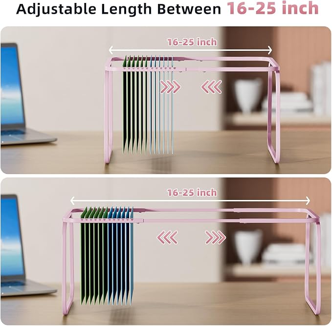 Marbrasse Hanging File Folder Frame, Adjustable Letter Size File Holder 16-25 Inches, Metal File Cabinet Rails for Office, Home, School, Pink