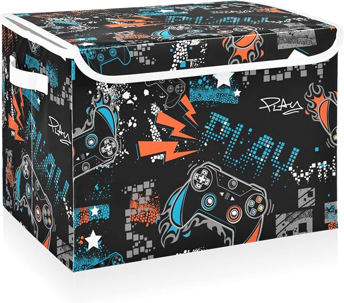 CaTaKu Large Fabric Storage Bins With Lids, Cute Gamer Black Storage Boxes With Handles for Organizing Clothes, Collapsible Storage Cube Bins Baskets for Shelves