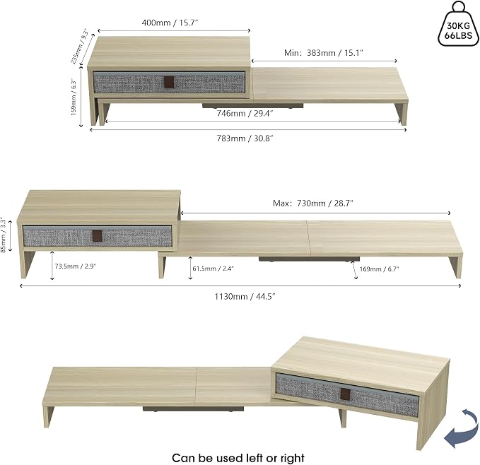Fenge Triple Monitor Stand with Srorage Drawer, Adjustable Length and Angle | Computer Monitor Riser for 2 or 3 Monitors, Wooden Desktop Laptop Stand, Office Organizer for PC, Screen, Tablet, Oak