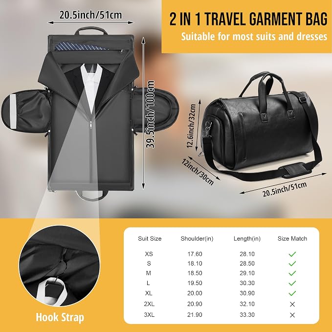Convertible Garment Bag, Carry on Garment Duffel Bag with Shoulder Strap, Men's Women's Travel Clothing Bag with Shoe Compartment, 2-in-1 Hanging Suitcase Suit Business Travel Bag (Black)
