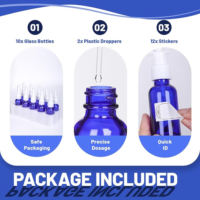 1 oz Empty Nasal Spray Bottles 10 Pack, Blue Glass Refillable Sprayers | Leakproof & Durable for Saline, Essential Oils, Sinus Relief, Allergy Care,Travel,Home Use, Includes Dropper & Labels
