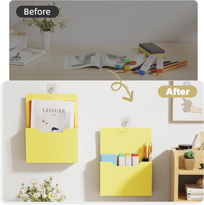 Marbrasse Magnetic File Holder - Magnetic Paper Holder, Pocket Organizer Office Supplies Storage Mail Organizer for Notebooks,Planners,Letter (Yellow
