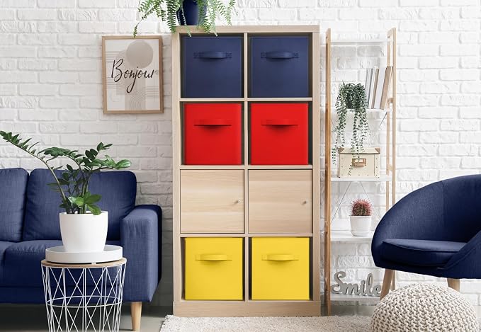 Sorbus Storage Cubes - 11" Foldable Storage Bins with Handle for Nursery, Playroom, Closet Organizers and Storage - 6 Fabric Shelf Basket for Toys, Books, Clothes - Yellow Navy & Red Storage Bins