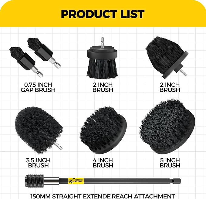 Holikme 8Pc Drill Brush Set - Scrub Brushes with Extension for Home Clean | Nylon Fibers, Power Scrubber Attachments for Tile, Tub, Shower, Floors, Kitchen and Auto Interior Care, Cleaning Tools, Black